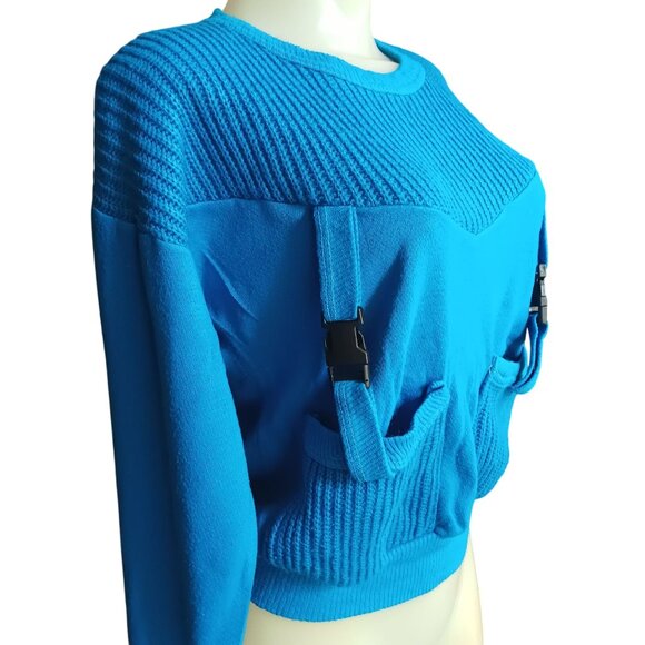 Medium Vintage 1980's New Wave Knit Sweatshirt Buckle Strap Pockets Nicolette - Picture 2 of 8